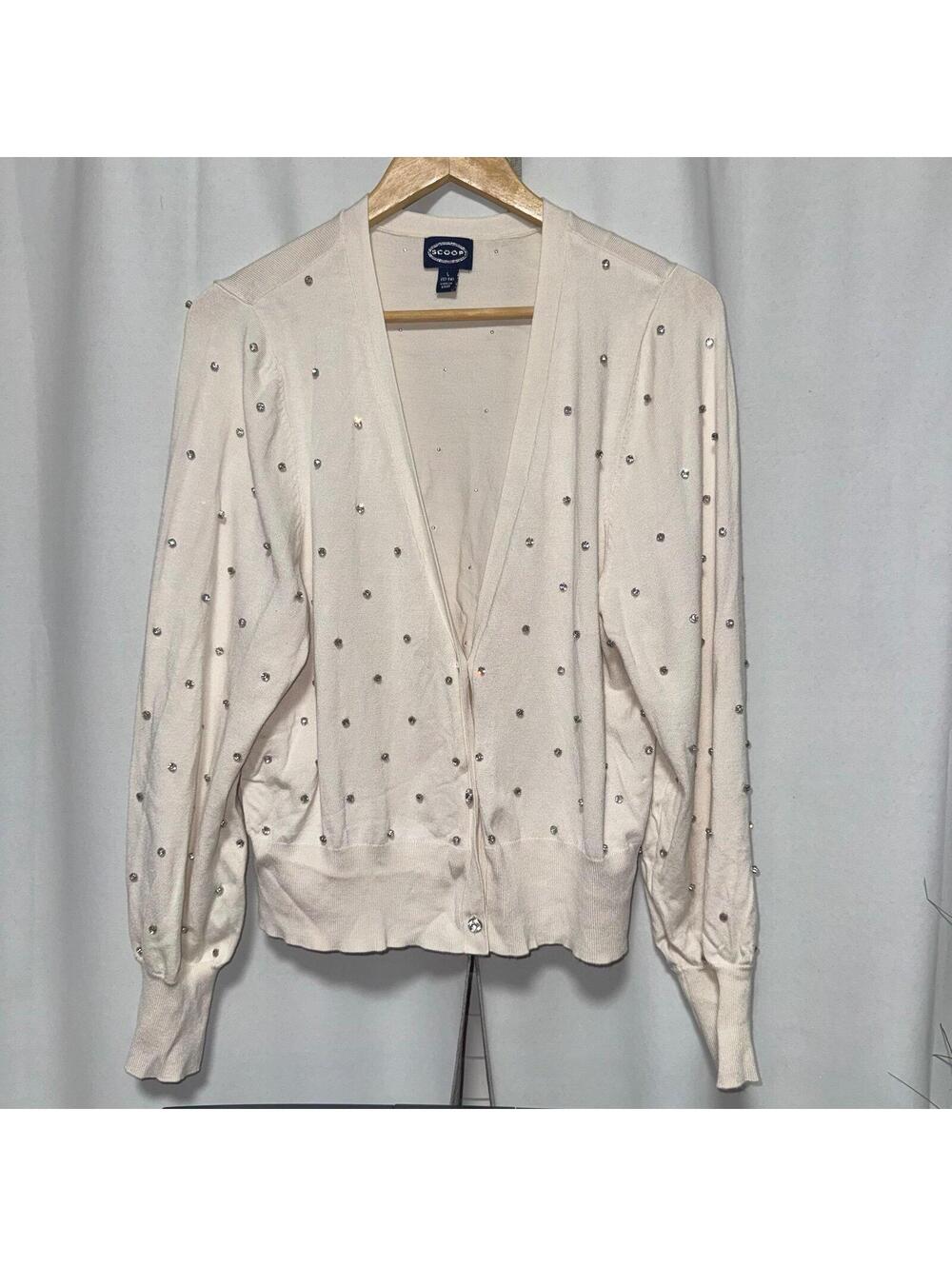 Cream Scoop cardigan with scattered rhinestone embellishments large